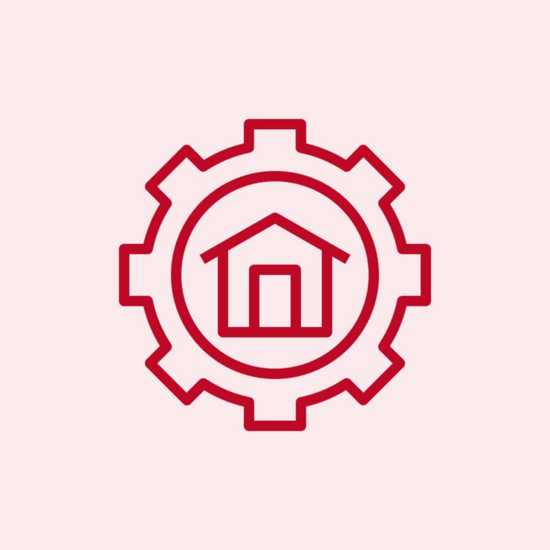 House inside gear icon, red on pink